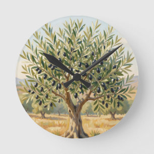 Mediterranean Olive Tree Landscape Round Clock