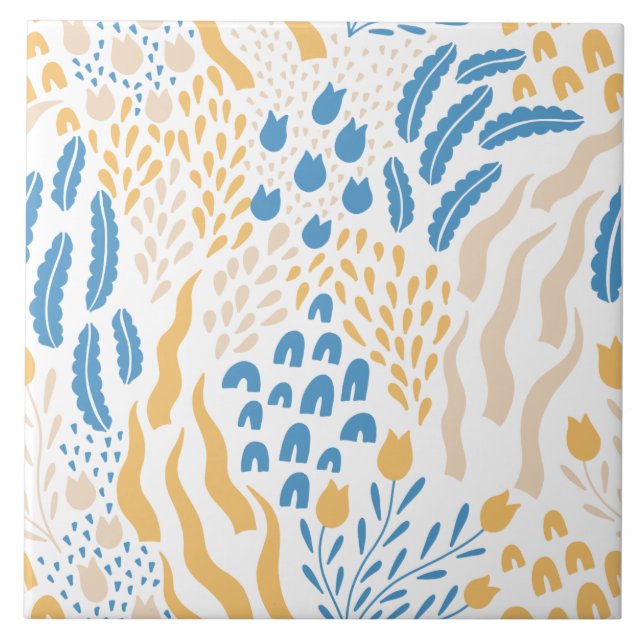 Mediterranean Orange Blue Pink Floral Pattern Cute Ceramic Tile (Front)