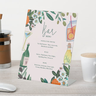 Mediterranean Orange Botanical Wedding Bar Menu Pedestal Sign
