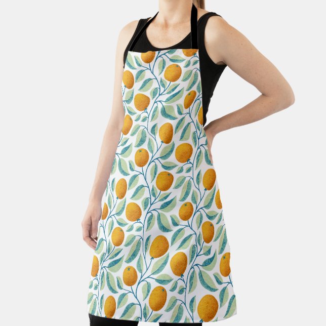 Mediterranean Orange & Teal Botanical Citrus Apron (Insitu)