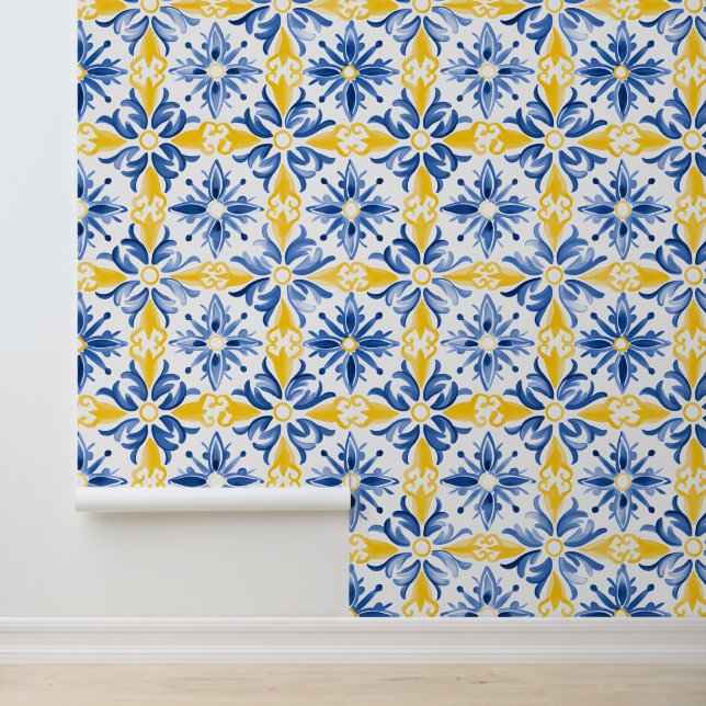 Mediterranean Pattern Tile Blue Yellow Floral Wallpaper (Application)