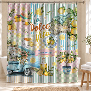 Mediterranean pink Turquoise Citrus Collage Shower Curtain