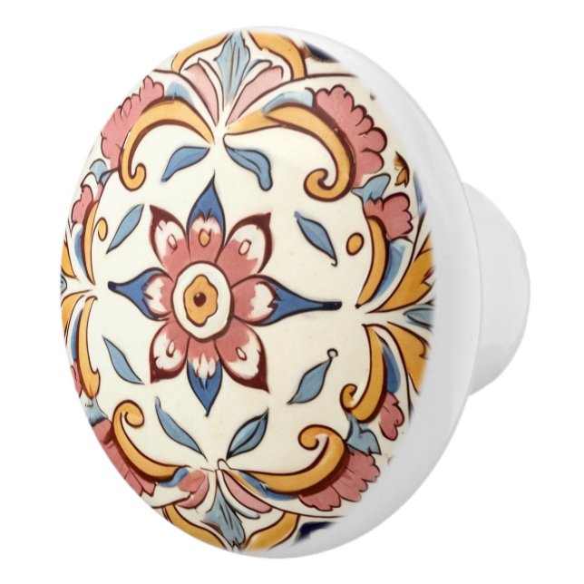 Mediterranean Pink Yellow Blue Flower Floral Ceramic Knob (Right)