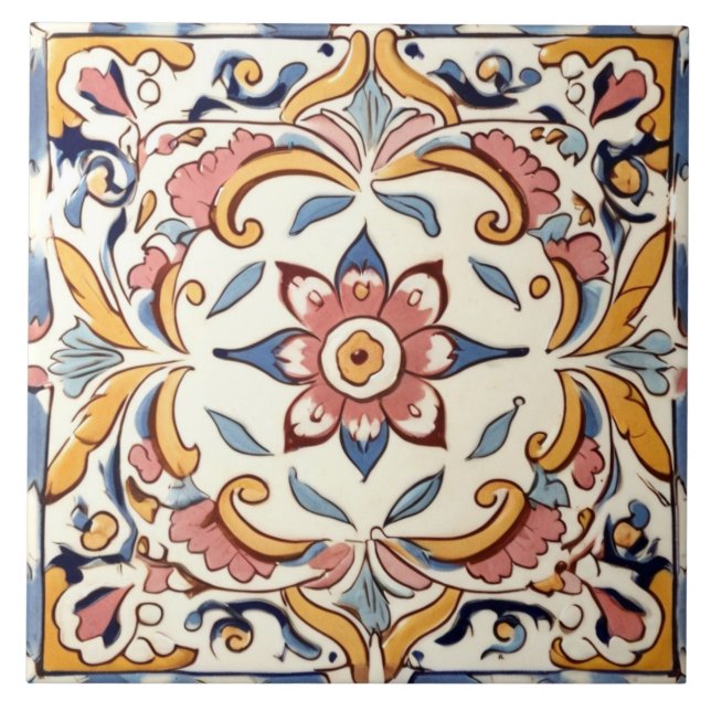 Mediterranean Pink Yellow Blue Flower Floral Ceramic Tile (Front)