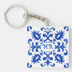 Mediterranean Portuguese Blue Tile Monogram Key Ring