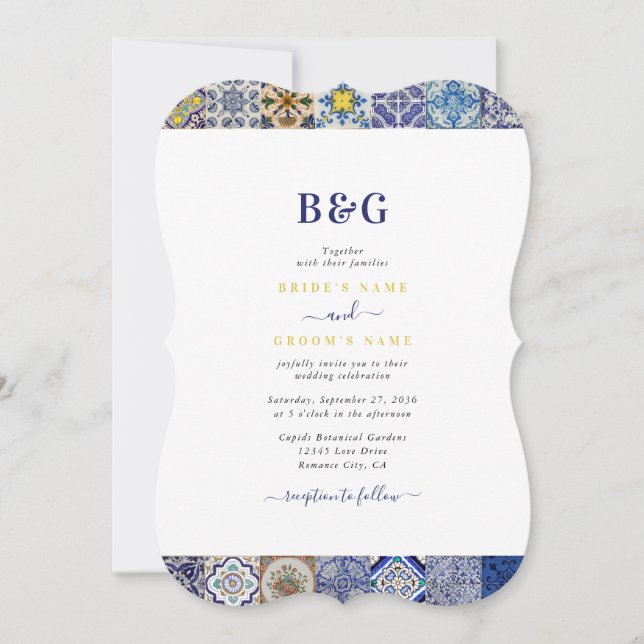 Mediterranean Portuguese Tiles Pattern Wedding Invitation (Front)