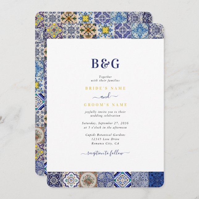 Mediterranean Portuguese Tiles Pattern Wedding Invitation (Front/Back)