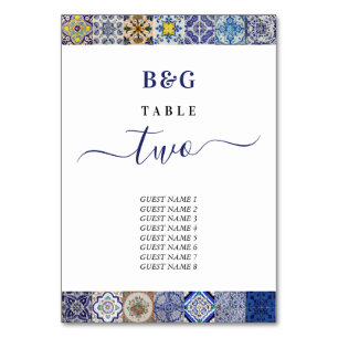 Mediterranean Portuguese Tiles Pattern Wedding Table Number