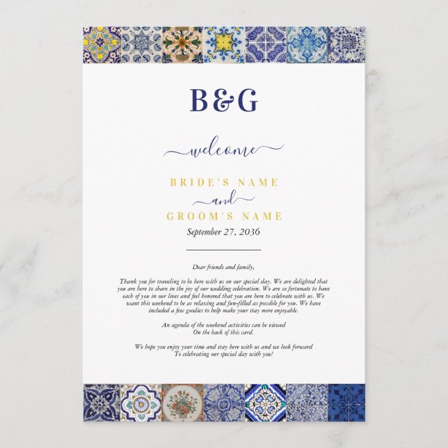 Mediterranean Portuguese Tiles Wedding Itinerary Program (Front)