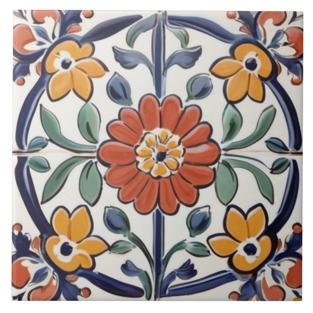 Mediterranean Red Yellow & Navy Blue Flower Floral Ceramic Tile (Front)