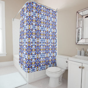 Mediterranean Royal Mosaic Blue and Gold Ceramic  Shower Curtain