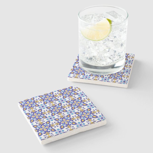 Mediterranean Royal Mosaic Blue and Gold Ceramic  Stone Coaster (Side)
