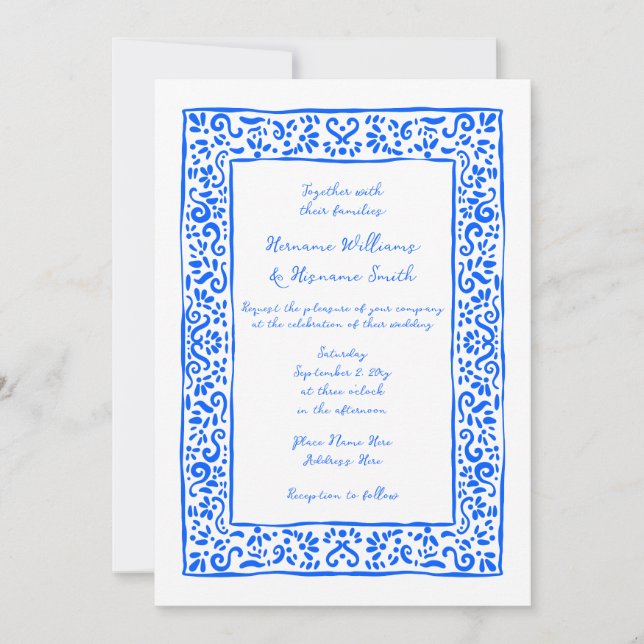 Mediterranean RSVP QR Hand Drawn Blue Wedding Invitation (Front)