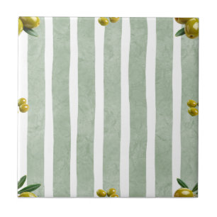 Mediterranean Sage Green Stripe Pattern Olive Ceramic Tile