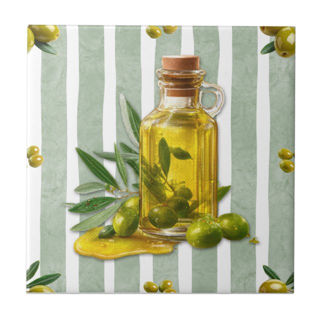Mediterranean Sage Green Stripe Pattern Olive Oil Ceramic Tile (Front)