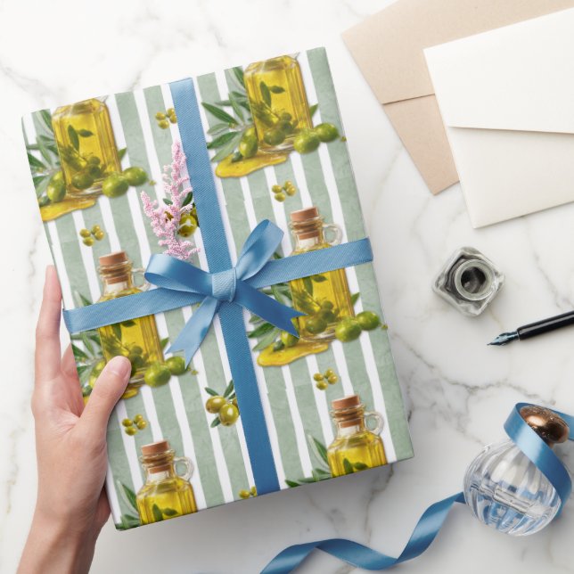 Mediterranean Sage Green Stripe Pattern Olive Oil Wrapping Paper (Gifting)