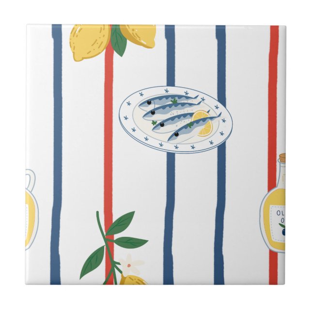 Mediterranean Sardines and Lemons Pattern Ceramic Tile (Front)