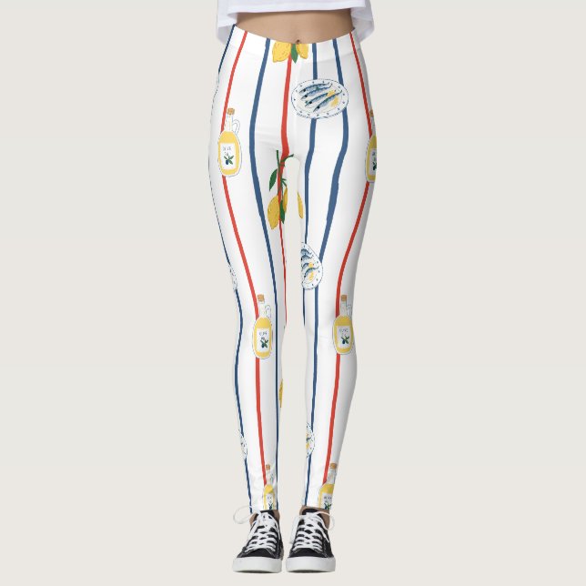 Mediterranean Sardines and Lemons Pattern Leggings (Front)