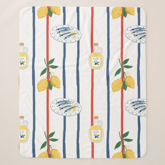 Mediterranean Sardines and Lemons Pattern Sherpa Blanket (Front)
