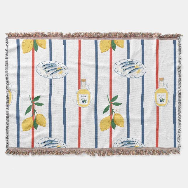 Mediterranean Sardines and Lemons Pattern Throw Blanket (Front)