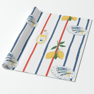 Mediterranean Sardines and Lemons Pattern Wrapping Paper