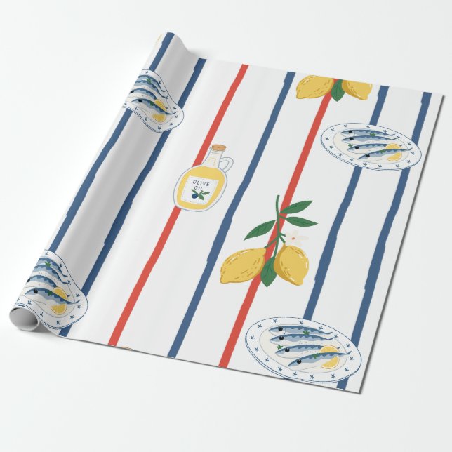 Mediterranean Sardines and Lemons Pattern Wrapping Paper (Unrolled)