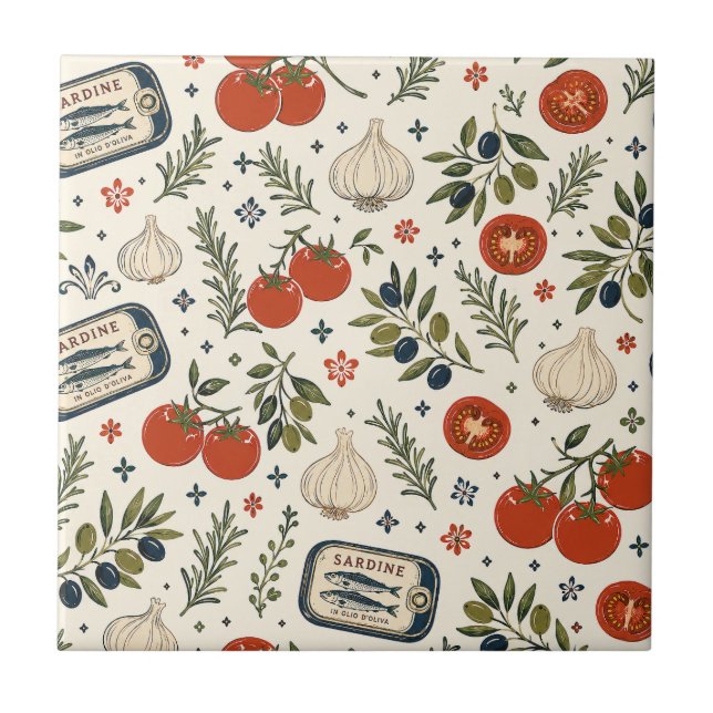 Mediterranean Sardines, Tomatoes & Garlic, Coastal Ceramic Tile (Front)