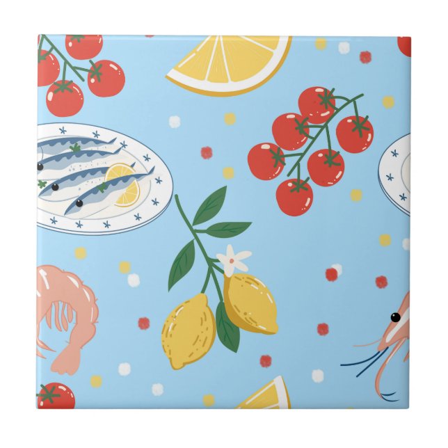 Mediterranean Seafood Market Pattern (1) Ceramic Tile (Front)