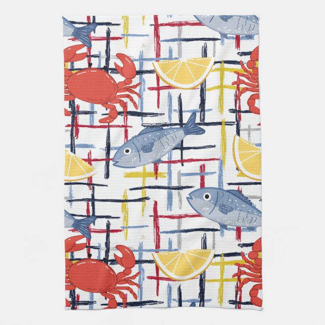 Mediterranean Seafood Market Pattern (1) Tea Towel (Vertical)
