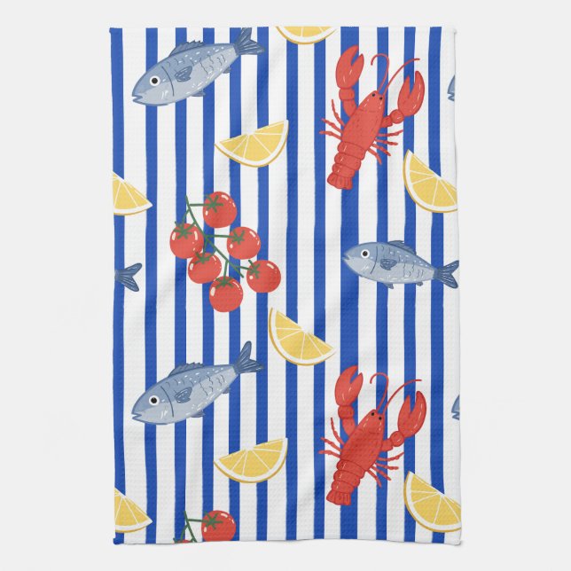 Mediterranean Seafood Market Pattern (2) Tea Towel (Vertical)