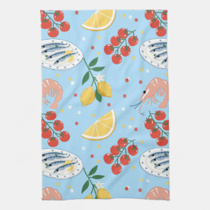 Mediterranean Seafood Market Pattern (5) Tea Towel