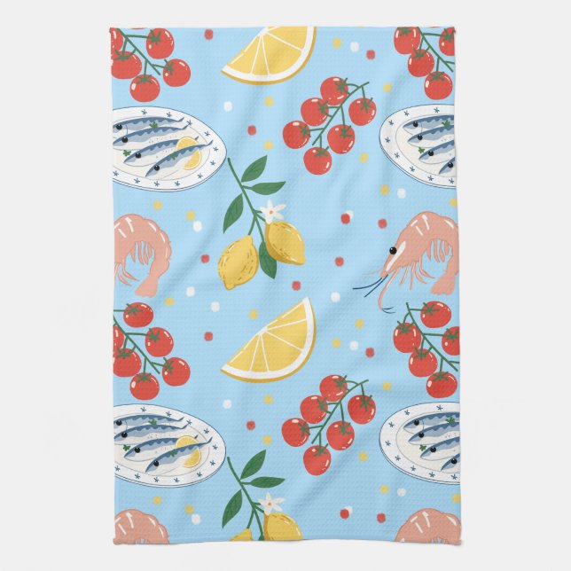 Mediterranean Seafood Market Pattern (5) Tea Towel (Vertical)