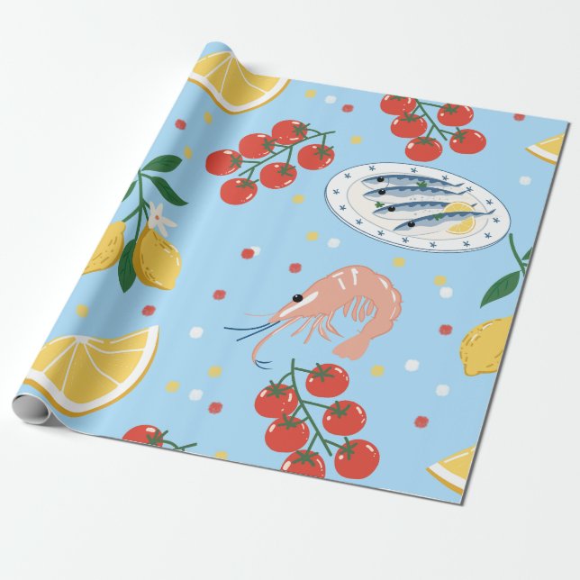 Mediterranean Seafood Market Pattern (5) Wrapping Paper (Unrolled)