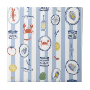 Mediterranean Seafood Sardine Blue Stripe Pattern Ceramic Tile