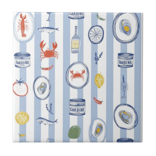 Mediterranean Seafood Sardine Blue Stripe Pattern Ceramic Tile (Front)