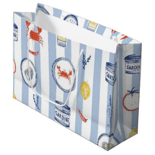 Mediterranean Seafood Sardine Blue Stripe Pattern Large Gift Bag