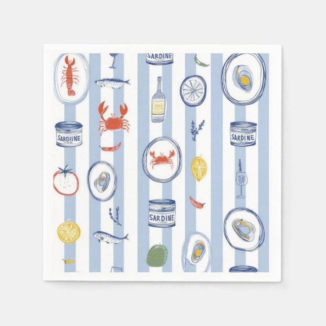 Mediterranean Seafood Sardine Blue Stripe Pattern Napkin (Front)