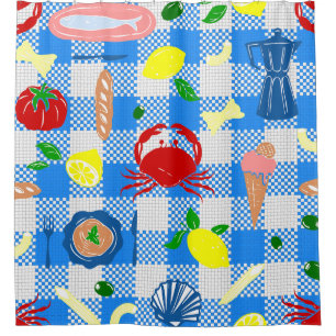 mediterranean seaside picnic seafood crab gingham shower curtain