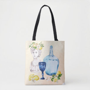 Mediterranean set lemons and blue glass tote bag
