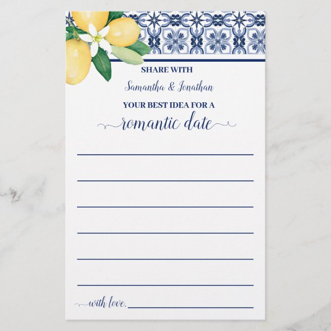 Mediterranean Share a Date Idea Shower Game Card (Front)