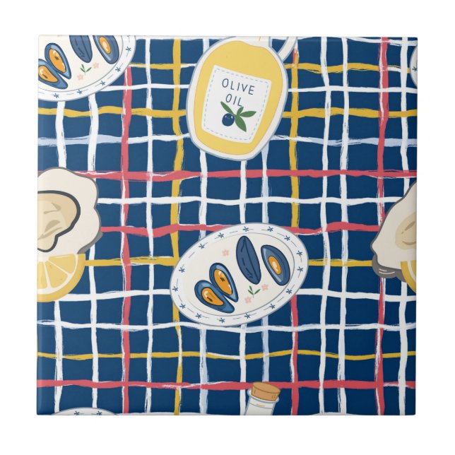 Mediterranean Shellfish and Olive Oil Pattern Ceramic Tile (Front)