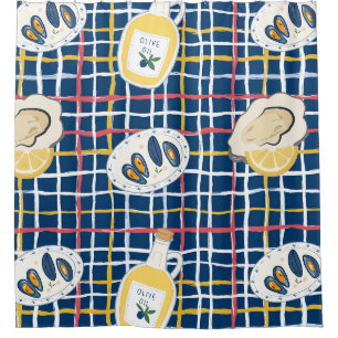 Mediterranean Shellfish and Olive Oil Pattern Shower Curtain