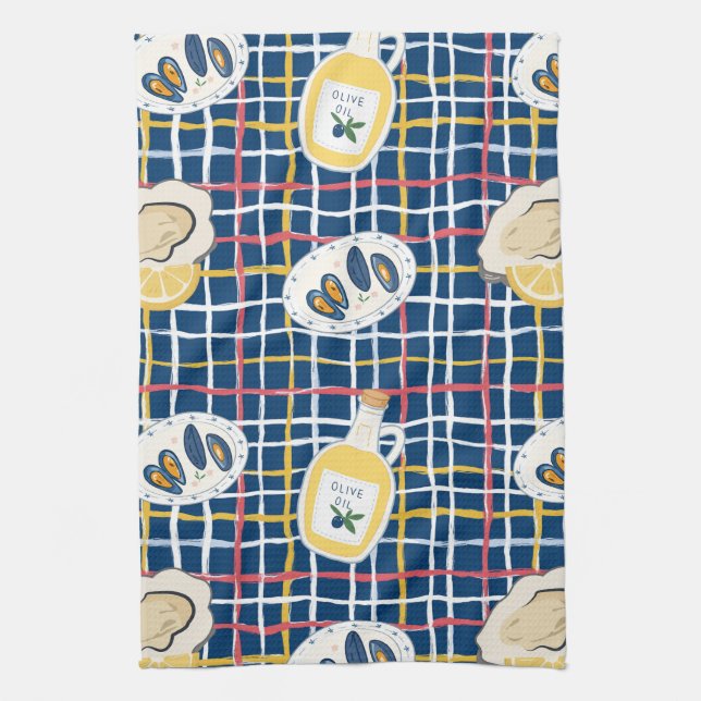 Mediterranean Shellfish and Olive Oil Pattern Tea Towel (Vertical)