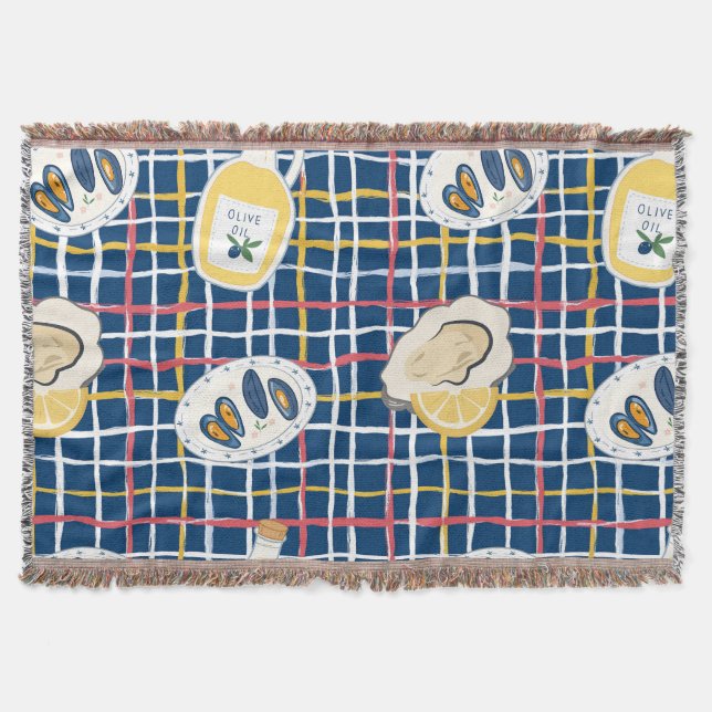 Mediterranean Shellfish and Olive Oil Pattern Throw Blanket (Front)