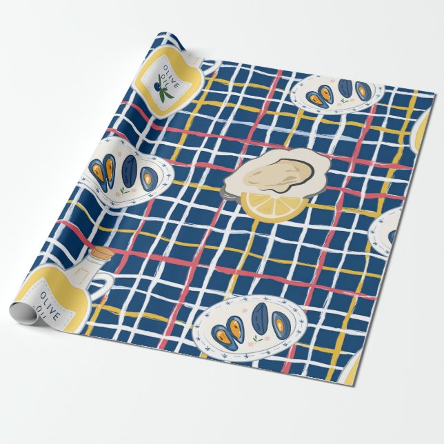 Mediterranean Shellfish and Olive Oil Pattern Wrapping Paper (Unrolled)