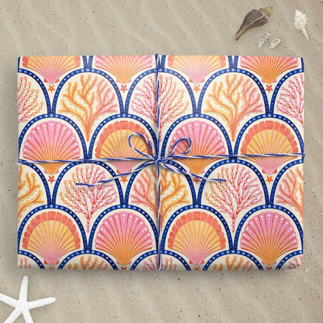 Mediterranean Shells and Seagrass Scallop Wrapping Paper (Mediterranean Shells and Seagrass wrapping paper gift mockup)