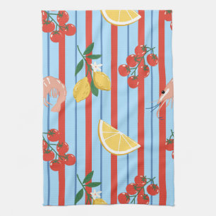 Mediterranean Shrimp and Citrus Pattern Tea Towel