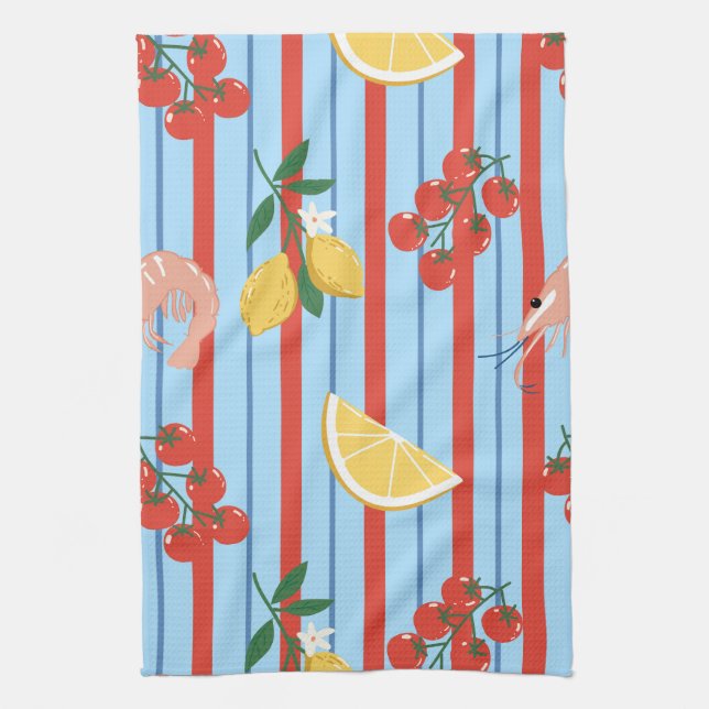 Mediterranean Shrimp and Citrus Pattern Tea Towel (Vertical)