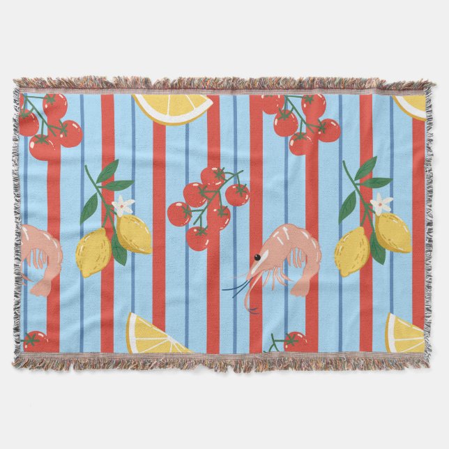 Mediterranean Shrimp and Citrus Pattern Throw Blanket (Front)