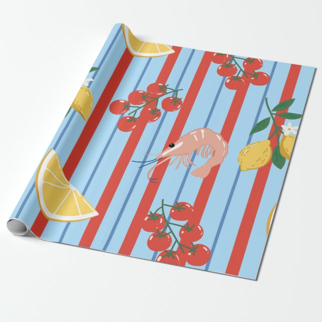 Mediterranean Shrimp and Citrus Pattern Wrapping Paper (Unrolled)